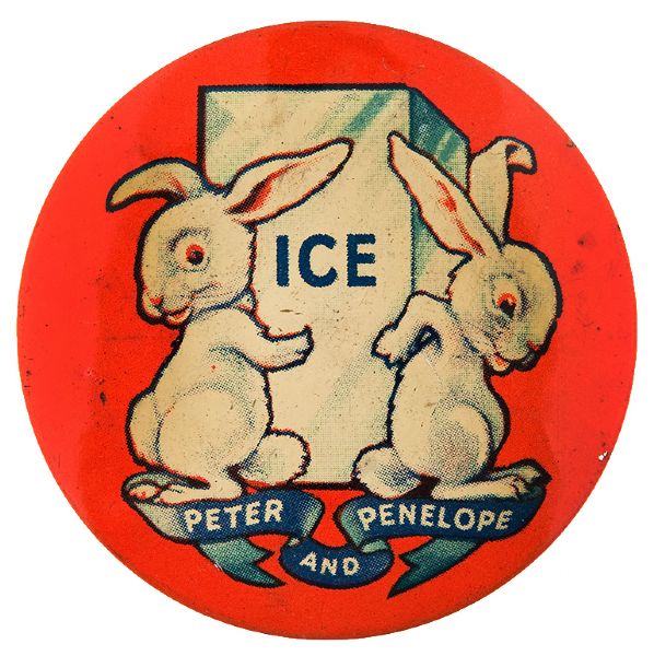 PETER AND PENELOPE UNUSUAL ICE INDUSTRY NEW YORK WORLD’S FAIR 1940 BADGE.