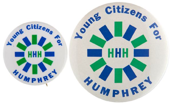 “YOUNG CITIZENS FOR HUMPHREY” 1968 OFFICIAL ISSUE BUTTONS IN TWO SIZES.       