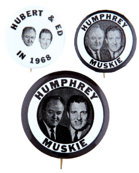 TRIO OF HUMPHREY MUSKIE JUGATE 1968 CAMPAIGN BUTTONS.