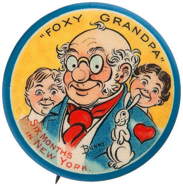 FOXY GRANDPA CHOICE COLOR EARLY COMIC STRIP BASED THEATRICAL PRODUCTION BUTTON.