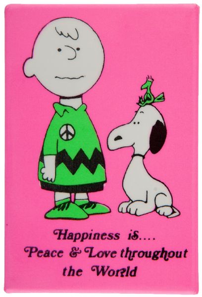 HAPPINESS IS...PEACE & LOVE THROUGHOUT THE WORLD WITH PEANUTS CHARACTERS BUTTON.