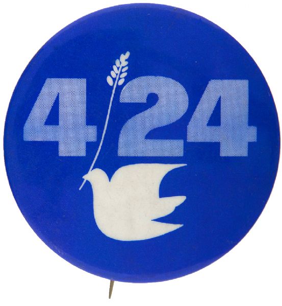 DATED SPRING OFFENSIVE WITH PEACE DOVE 1971 VIETNAM WAR PROTEST BUTTON.