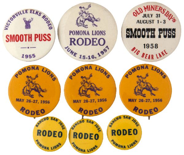 CALIFORNIA 1950s RODEO BUTTONS 4 DIFFERENT, 4 DUPLICATES, PLUS OLD MINER’S DAYS BIG BEAR LAKE.