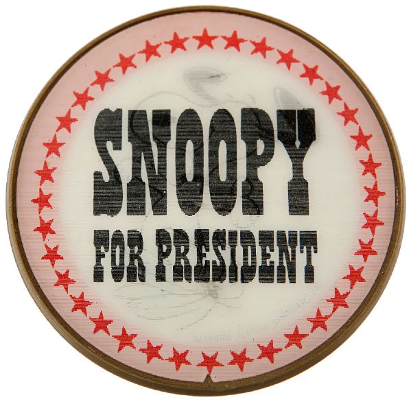 PEANUTS CHARACTER FLICKER CAMPAIGN BUTTON SNOOPY FOR PRESIDENT.