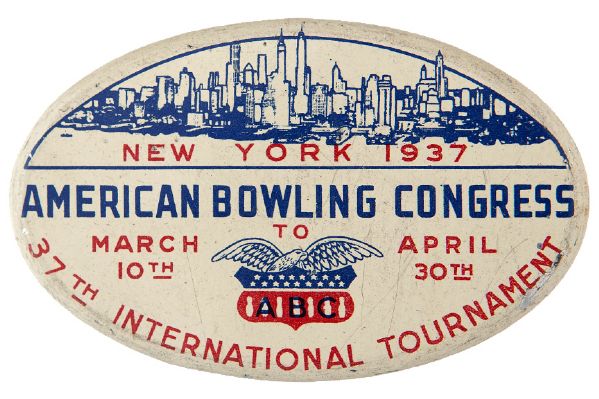 “AMERICAN BOWLING CONGRESS” NYC 1937 “37TH INTERNATIONAL TOURNAMENT” LITHO CLIP-BACK BADGE