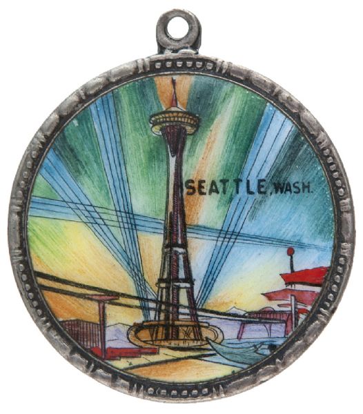“SEATTLE” EXPO SUPERB 1961 ENAMEL SHOWS SPACE NEEDLE ON GERMAN MADE SILVER PLATED FRAME.