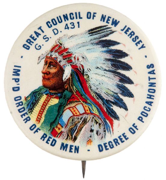 GRAPHIC INDIAN CHIEF “ IMP’D ORDER OF RED MEN” NEW JERSEY COUNCIL FRATERNAL BUTTON.