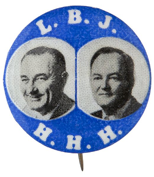 JOHNSON HUMPHREY “L.B.J. / H.H.H.” 1964 HAKE GUIDE #7 JUGATE BUTTON.