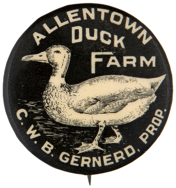 “ALLENTOWN DUCK FARM” EARLY 1900s ADVERTISING BUTTON.