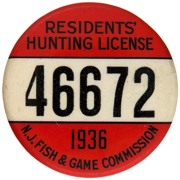 “RESIDENTS’ HUNTING LICENSE 1936 N.J. FISH & GAME COMMISSION” NUMBERED BUTTON.