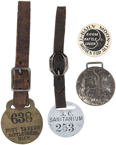 BATTLE CREEK MICHIGAN FOBS AND BUTTON FROM EARLY 1900s.
