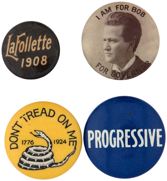 BOB LAFOLLETTE AND PROGRESSIVE PARTY GROUP OF 4 BUTTONS.