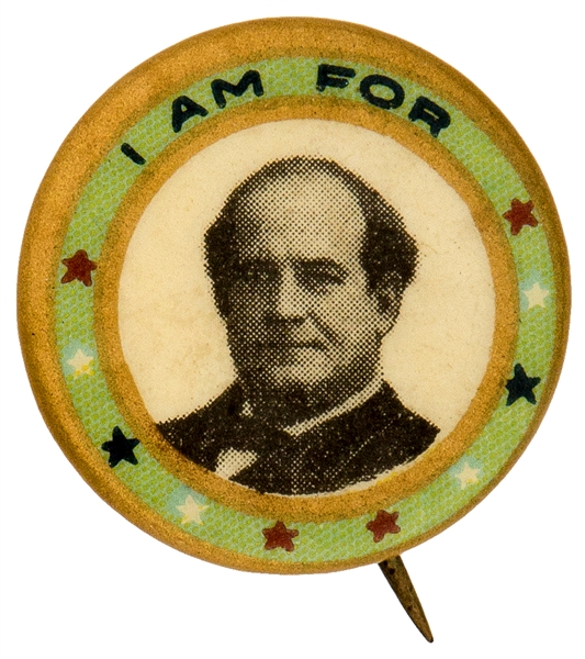 “I AM FOR” WM. J. BRYAN 1908 COLORFUL BORDER PICTURE BUTTON.