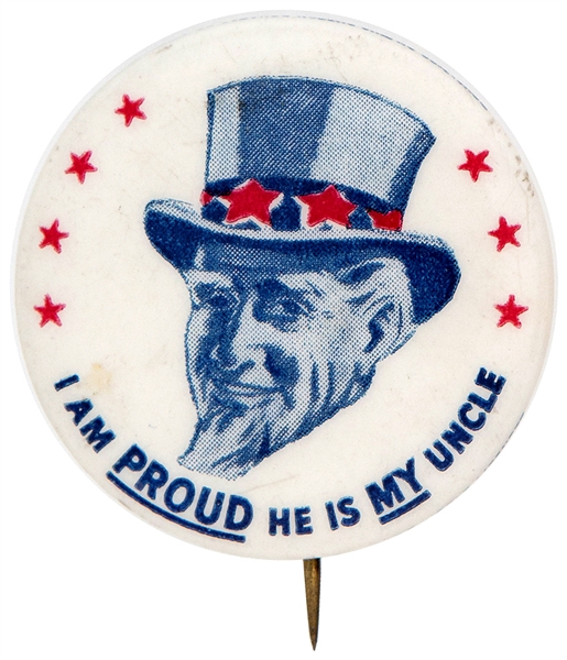 UNCLE SAM PRE WORLD WAR II CLOSE-UP PORTRAIT AND RED CROSS BENEFIT BUTTON.