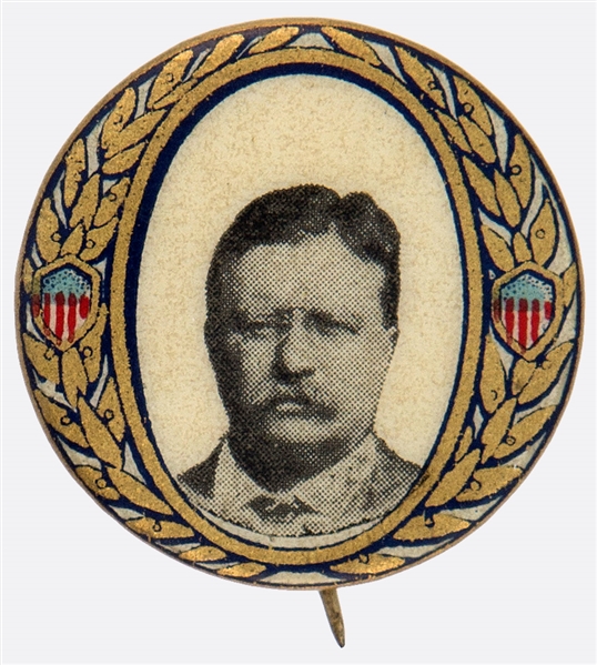 THEODORE ROOSEVELT 1912 GRAPHIC PROGRESSIVE PARTY PRESIDENTIAL CAMPAIGN PORTRAIT BUTTON.