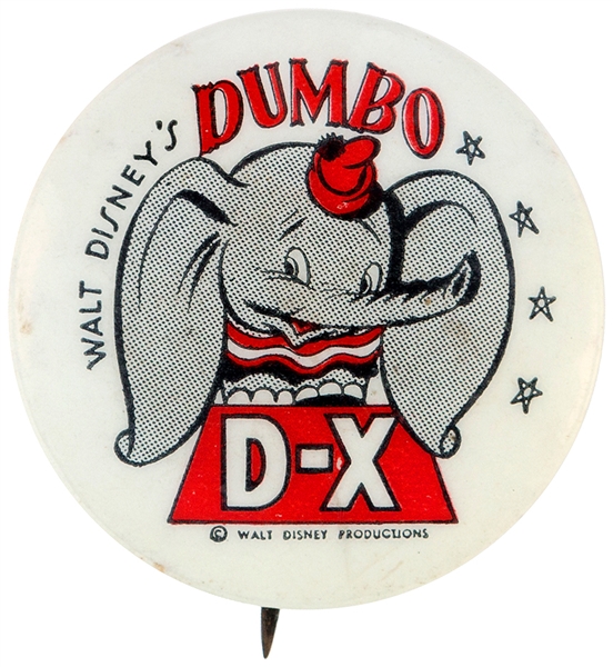 DISNEY 1942 DUMBO / D-X GASOLINE ADVERTISING BUTTON.
