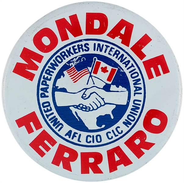MONDALE – FERRARO PAPER UNION 1984 LITHO BUTTON.             