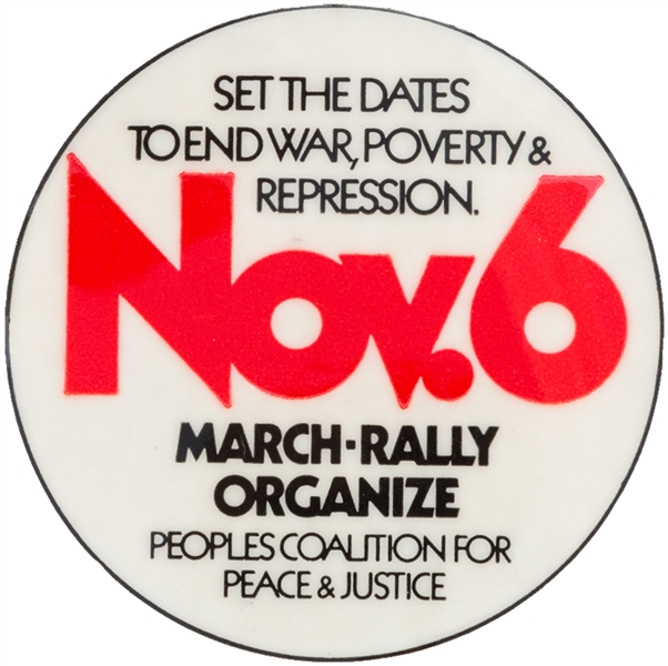 VIETNAM PROTEST 1971 BUTTON BY PEOPLES COALITION FOR PEACE & JUSTICE.