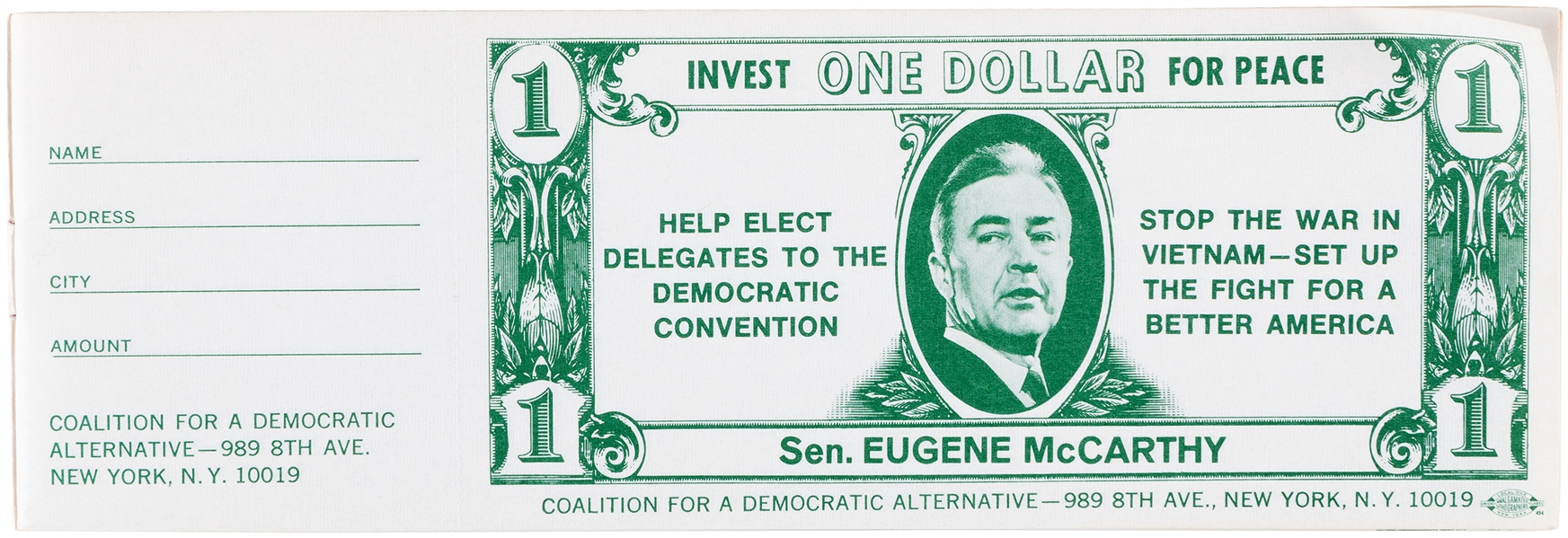 McCARTHY 1968 “ONE DOLLAR FOR PEACE” FULL BOOKLET OF 20 DONATION CERTIFICATES.
