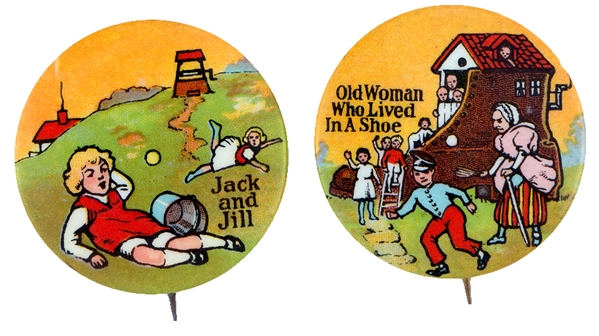 NURSERY RHYME 1930s PICTORIAL BUTTON PAIR WITH BEAUTIFUL COLOR AND TITLES.