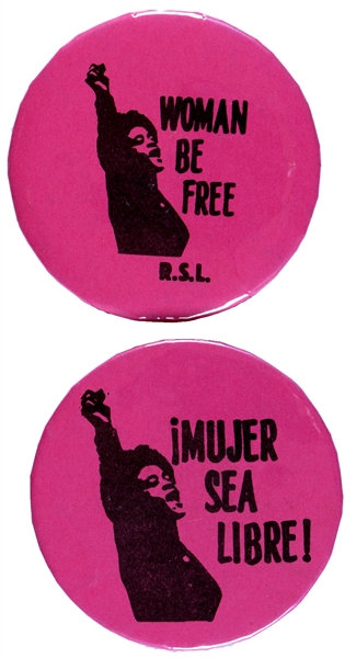 WOMAN BE FREE R.S.L. - REVOLUTIONARY SOCIALIST LEAGUE 1981 BUTTON PAIR.