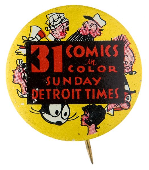 MULTI-CHARACTER BEAUTIFUL 1930s NEWSPAPER COMIC STRIP PROMOTIONAL BUTTON.