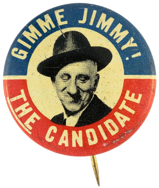 GIMME JIMMY! THE CANDIDATE 1948 COMEDIAN'S BOOK PROMO BUTTON.