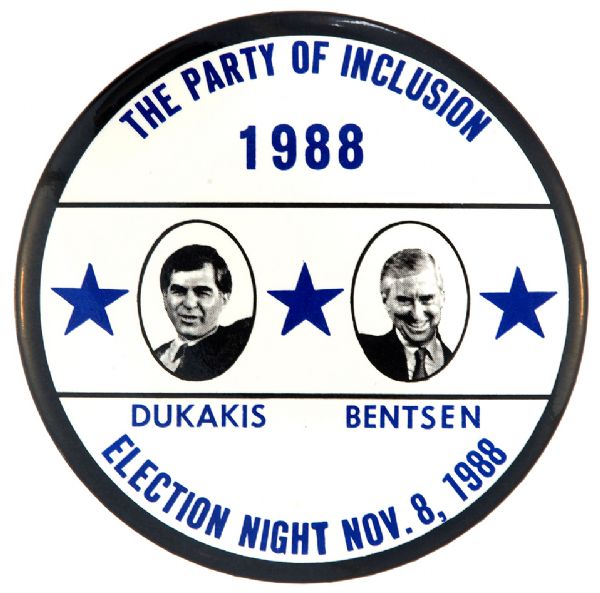 DUKAKIS/BENTSEN ELECTION NIGHT JUGATE BUTTON. 