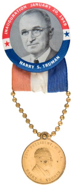 TRUMAN 1949 INAUGURATION BUTTON WITH RIBBON AND MEDAL. 