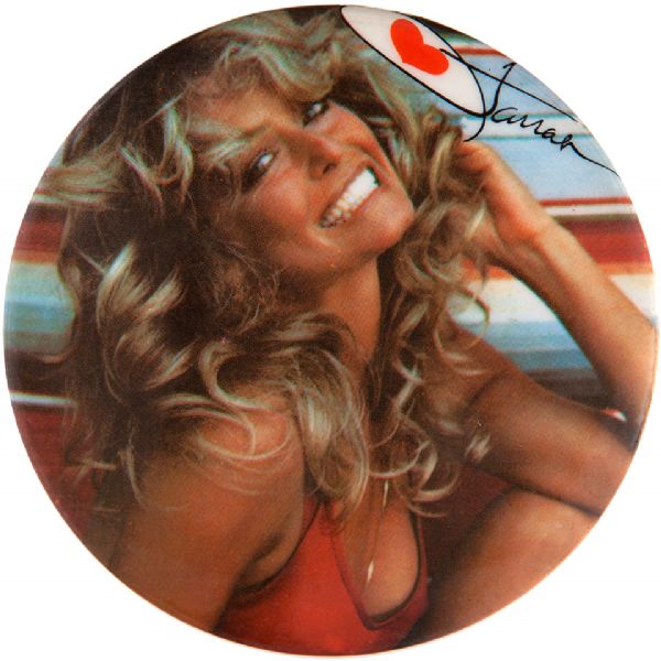 “FARRAH” CLASSIC POSTER  PHOTO AS 3” STORE SOLD BUTTON.   