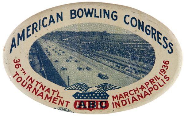 INDIANAPOLIS RACE PHOTO ON 1936 AMERICAN BOWLING CONGRESS TOURNAMENT BUTTON.   