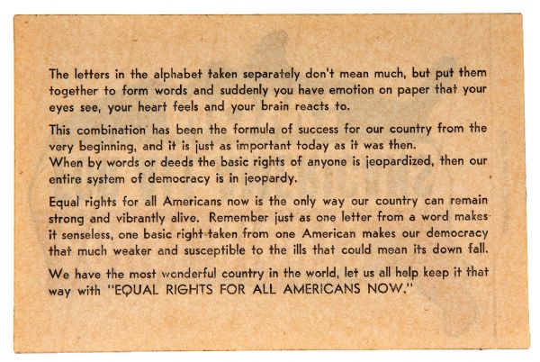 LARGE 1965 STICKER EQUAL RIGHTS FOR ALL AMERICANS NOW!