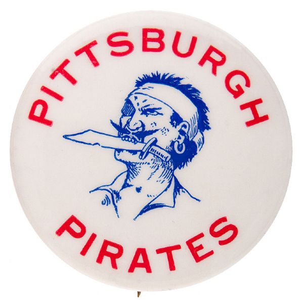 “PITTSBURGH PIRATES” BASEBALL BUTTON WITH GREASE PENCIL NOTATION.