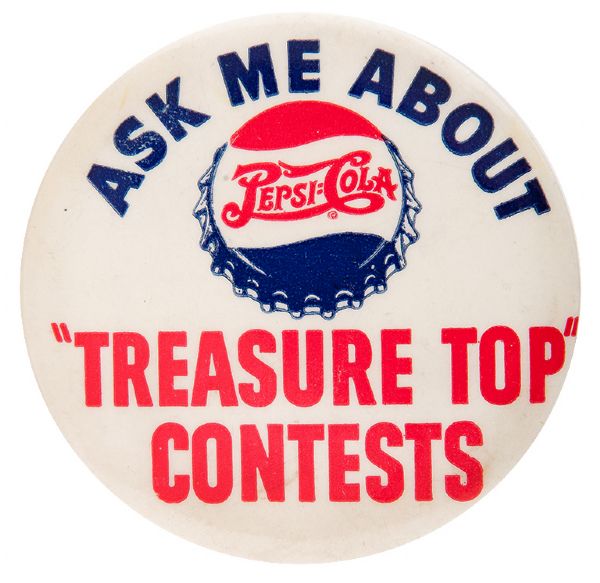 “ASK ME ABOUT PEPSI COLA” DOUBLE DOT CIRCA 1940 STORE CLERK’S PROMOTIONAL BUTTON.