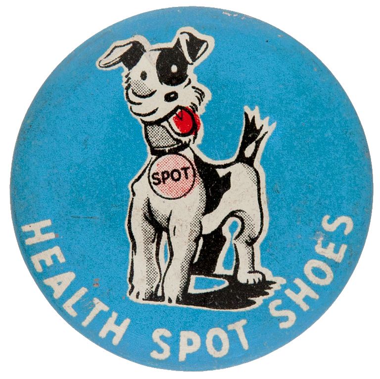Item Detail - “HEALTH SPOT SHOES” 1950s CARTOON DOG BUTTON.
