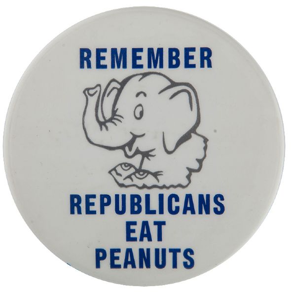 FORD SLOGAN “REMEMBER REPUBLICANS EAT PEANUTS” 1976 BUTTON.       