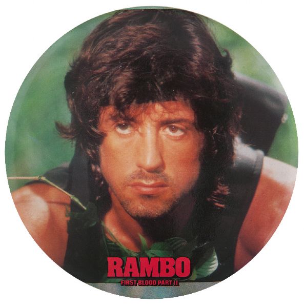 STALLONE “RAMBO / FIRST BLOOD PART II” BIG 6” MOVIE BUTTON.