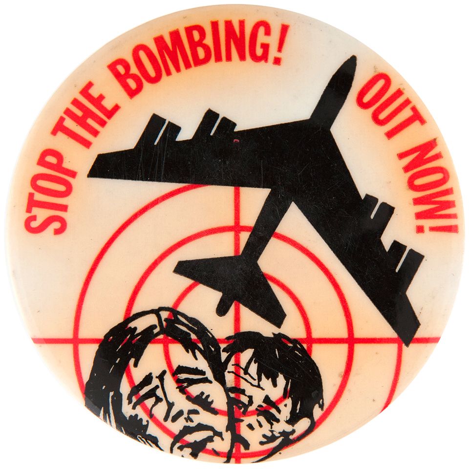 Item Detail - “STOP THE BOMBING! OUT NOW!” ANTI VIETNAM WAR CIRCA 1972 BUTTON.