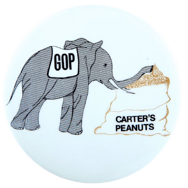 GOP ELEPHANT SUCKS UP CARTER'S PEANUTS 1976 SCARCE CARTOON CAMPAIGN BUTTON.
