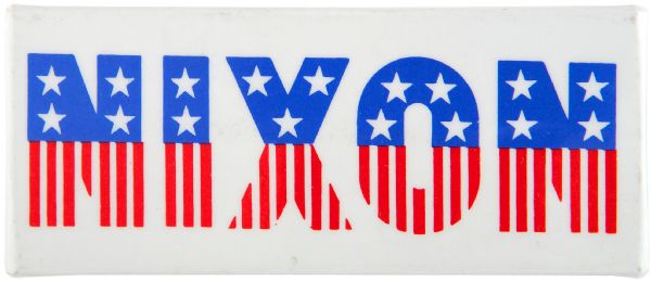 “NIXON” STARS AND STRIPES 1972 RECTANGULAR CAMPAIGN BUTTON.