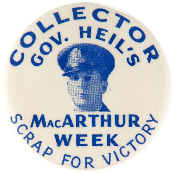 GENERAL MacARTHUR RARE “SCRAP FOR VICTORY” BUTTON.