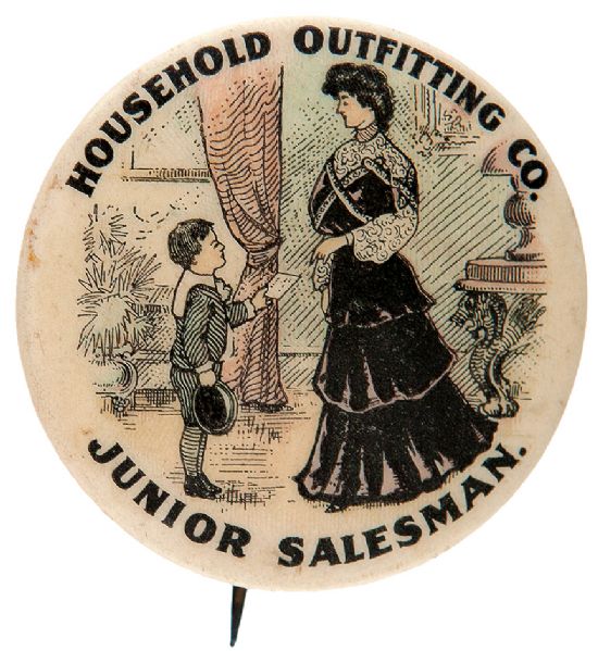 HOUSEHOLD OUTFITTING CO. JUNIOR SALESMAN CHARMING BUTTON WITH VICTORIAN PARLOR SCENE.