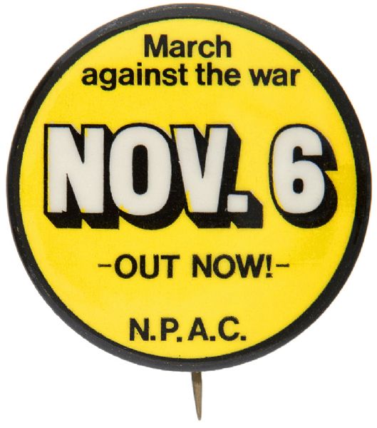 MARCH AGAINST THE WAR VIETNAM PROTEST BUTTON.