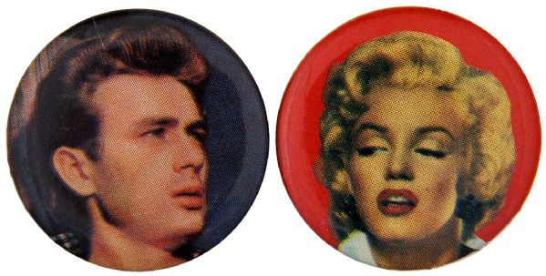 FILM ICONS JAMES DEAN & MARILYN MONROE RETRO BUTTON PAIR. 