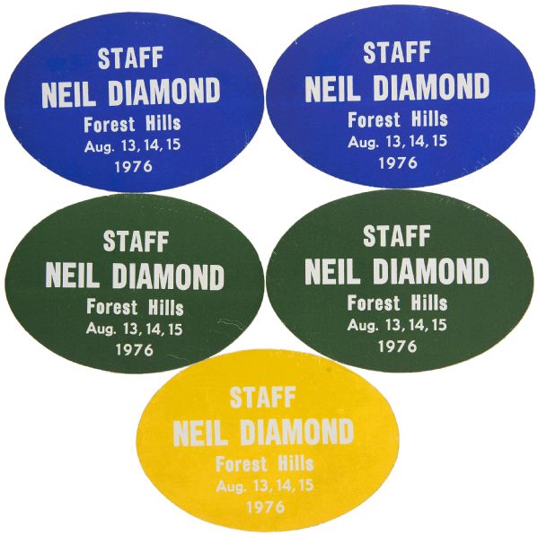 NEIL DIAMOND CONCERT “STAFF” STICKERS FROM 1976; 3 DIFFERENT / 5 TOTAL.