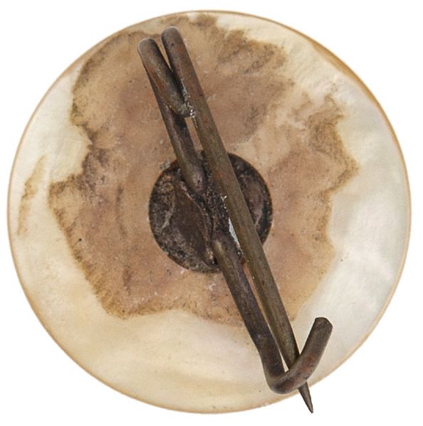 MOST UNUSUAL EARLY 1900s MOTHER OF PEARL PINBACK BUTTON.