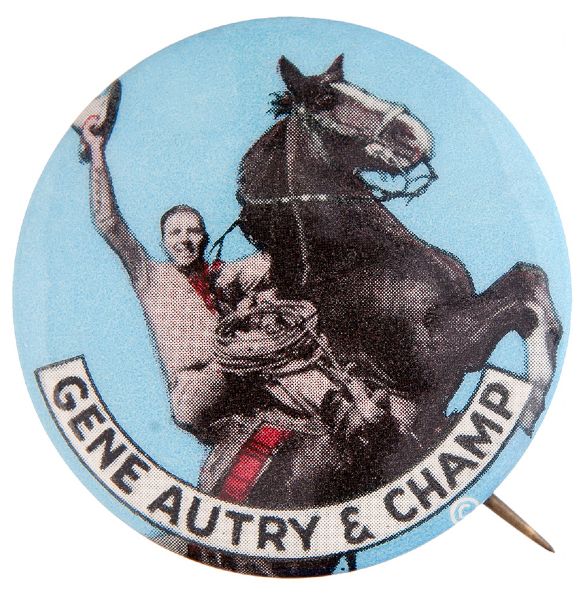 “GENE AUTRY & CHAMP” LATE 1940s SCARCE BACKGROUND COLOR BUTTON.