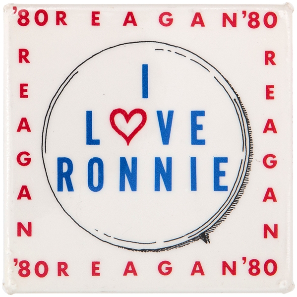REAGAN '80 BUTTON 2 SQUARE THAT PICTURES A ROUND BUTTON DESIGN.