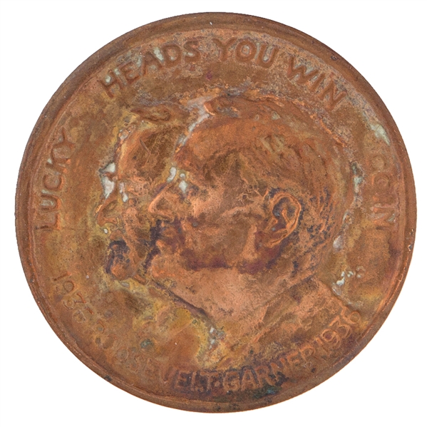 “1936 ROOSEVELT GARNER 1936 / LUCKY HEADS YOU WIN COIN” BRONZE CAMPAIGN TOKEN BY JOE DAVIDSON.