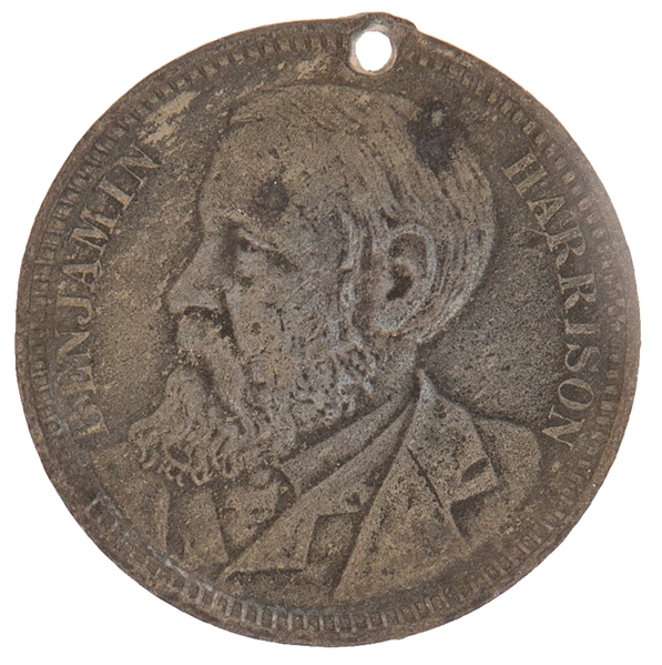 “BENJAMIN HARRISON / PROTECTION – NO BRITISH PAUPER WAGES FOR AMERICAN” 1888 CAMPAIGN TOKEN UNKNOWN TO DEWITT.